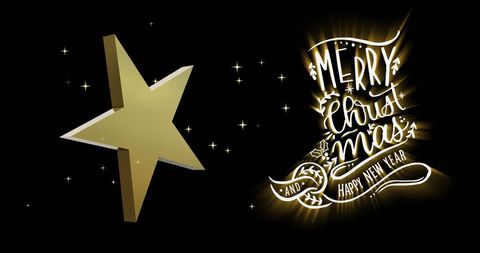 Rotating gold star with merry christmas text on dark background