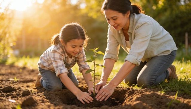 Mother and daughter planting sapling in backyard garden at golden hour nurturing new growth