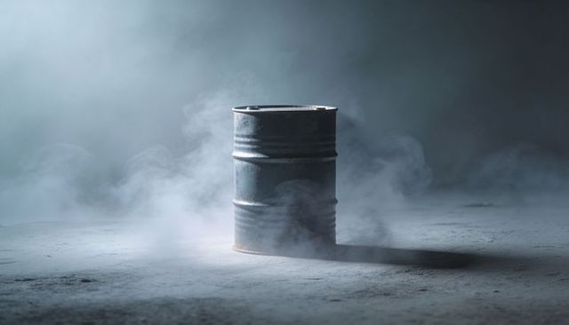 Weathered metal barrel emitting low fog on concrete floor under dramatic spotlight