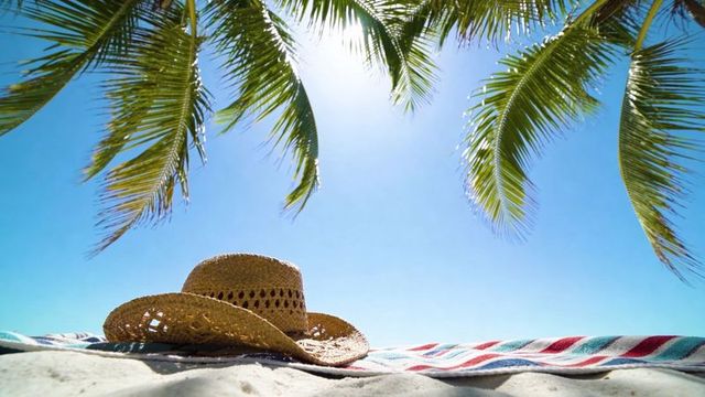 Straw sun hat resting on striped beach towel under swaying palm fronds