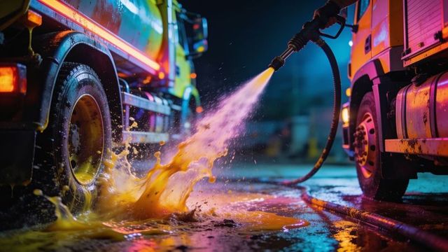 Neon-lit tanker trucks spraying orange foam at night, dramatic splash and reflective puddles