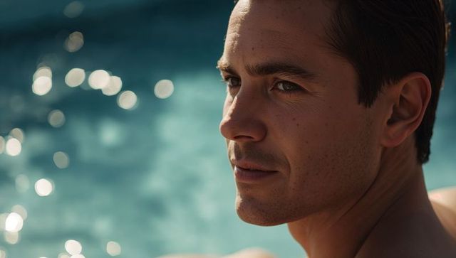 Sunlit barechested man gazing toward pool with turquoise bokeh, relaxed summer portrait