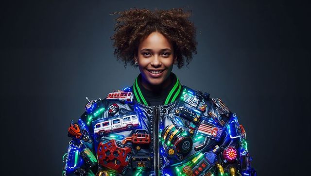 Young woman wearing led-embedded toy car bomber jacket, futuristic techwear portrait