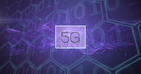 5g technology with binary code and purple hexagonal pattern design