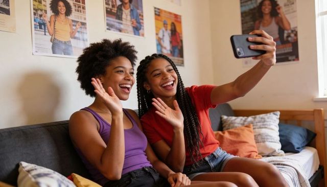 Two friends taking selfie in dorm room on sofa smiling and waving