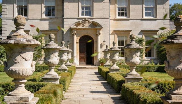 Central paved walkway leading to manor entrance flanked by carved stone urns