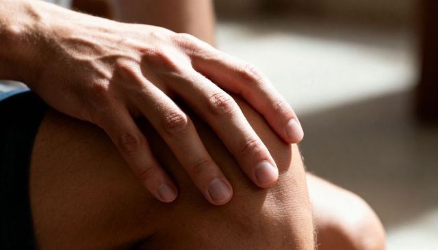 Resting hand draping over bent knee in warm sunlight close-up showing veins and texture