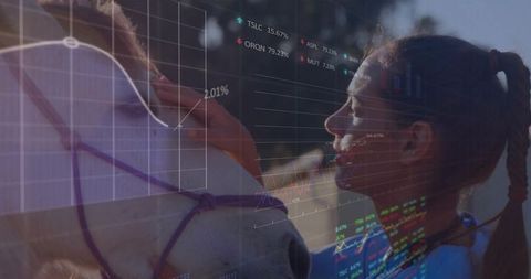 Equine connection meeting stock market data, woman touching horse double exposure
