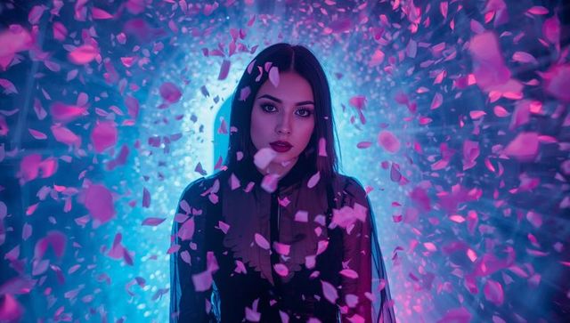 Neon portrait of woman surrounded by falling pink petals and cyan halo fashion studio