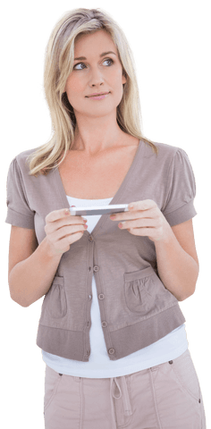 Transparent Happy Woman Holding Smartphone in Hand