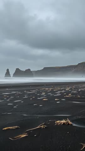 Black sand beach vertical footage showing misty sea stacks, rolling waves and scattered driftwood