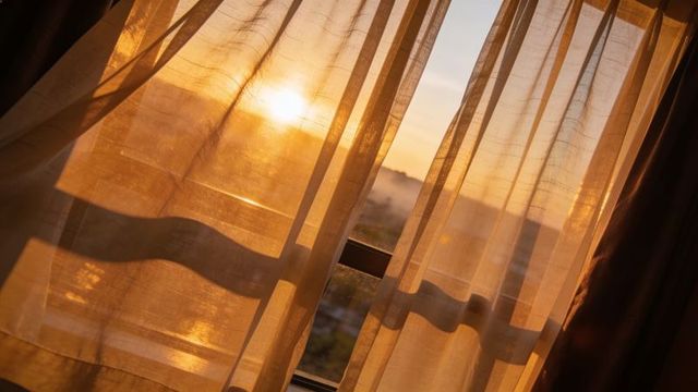 Sunrise sheer curtains casting warm golden light through window, backlit drapery texture