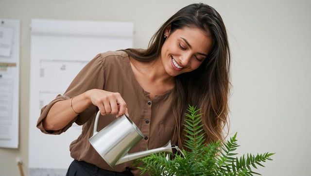 Smiling woman watering office fern with metal can, nurturing indoor plants for calm work