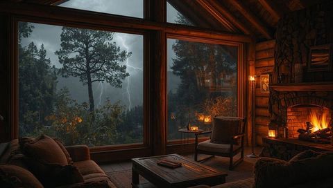 Cozy log cabin living room glowing fireplace during stormy forest night with lightning