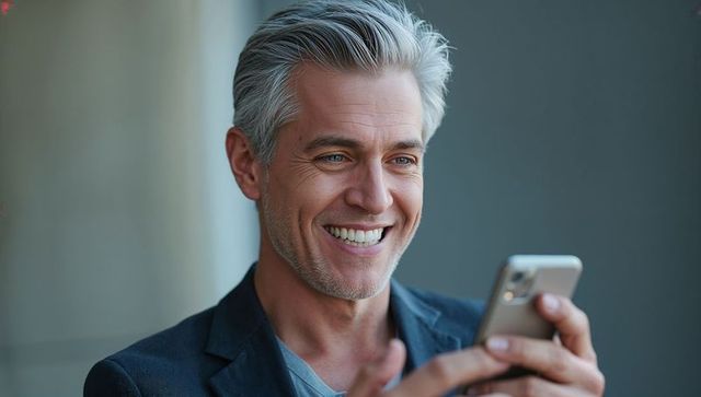 Smiling mature businessman holding smartphone, looking at screen, confident executive
