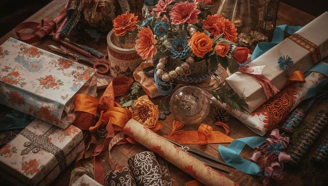 Creative Flat Lay with Colorful Gift Wrapping Supplies and Floral Arrangement