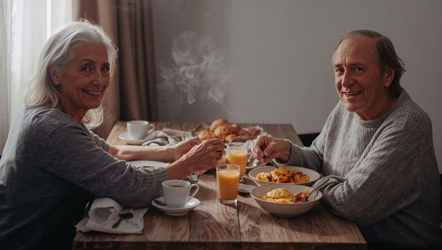 Senior couple sharing cozy homemade breakfast at rustic wooden table, smiling together