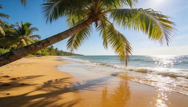 Leaning coconut palm arching over golden sand beach, sunlight glinting on calm surf