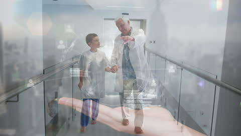 Doctor Guiding Child Through Hospital Overlay with Digital Network Concept