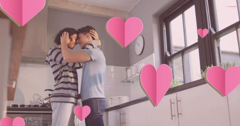 Romantic Moment Between Diverse Couples Surrounded by Pink Hearts