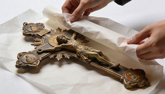 Hands unwrapping antique brass crucifix from tissue paper revealing ornate gold medallions