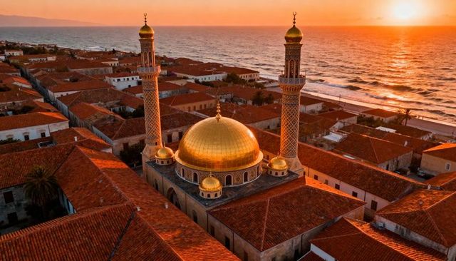 Golden-domed mosque glowing over red-tiled coastal town at sunset with ornate minarets