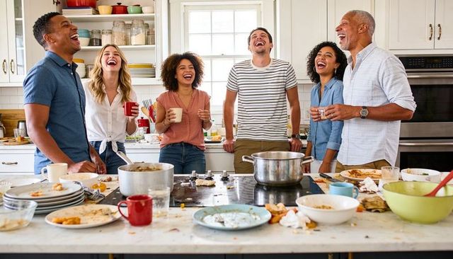 Multigenerational family laughing together in sunlit kitchen after casual meal