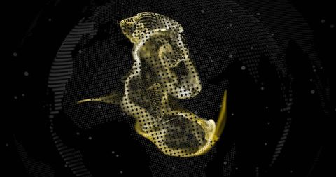 Golden particle vortex floating over digital globe grid for futuristic data visualization