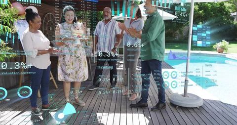 Multigenerational friends celebrating by pool with augmented reality finance overlays