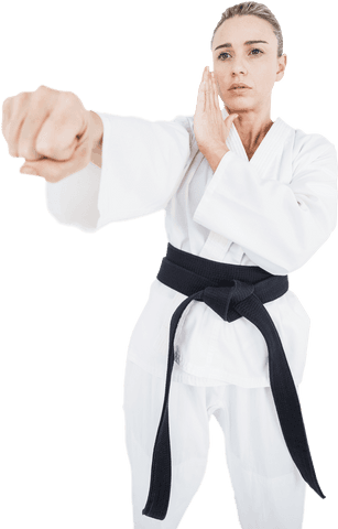 Transparent female judo athlete practicing with focused expression