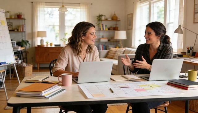 Two Women Collaborating in Sunlit Home Office Using Laptops, Planning Calendar and Notes