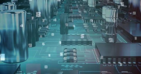 Futuristic circuit board prototype with digital binary overlay
