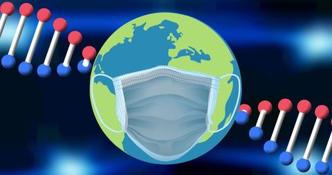 Global health: planet with mask surrounded by dna strand