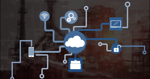 Digital Network Graphic with Media Icons Overlaying Construction Site