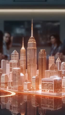 Business team analyzing rotating holographic city model materializing over conference table