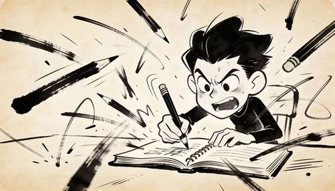 Furious manga teen sketching with explosive pencil strokes on spiral notebook