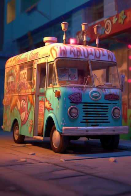 A vibrant, retro-styled ice cream truck is parked on an urban street at dusk, with neon lights illuminating the scene. Ideal for illustrating summer nostalgia, street food culture, urban nightlife, and vintage fashion vibes.