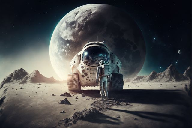 An astronaut in a futuristic suit stands in front of a space rover on an alien planet, with a large moon in the background. This evokes a sense of exploration and adventure. Use in science fiction scenes, space mission concepts, and educational materials about space exploration.