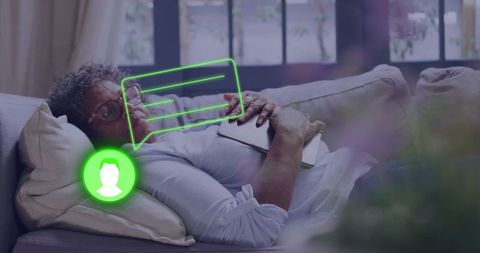 Woman Relaxing with Book on Sofa and Communication Overlays