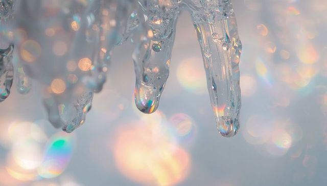 Prismatic icicles catching sunlight with bokeh glow and hanging droplets