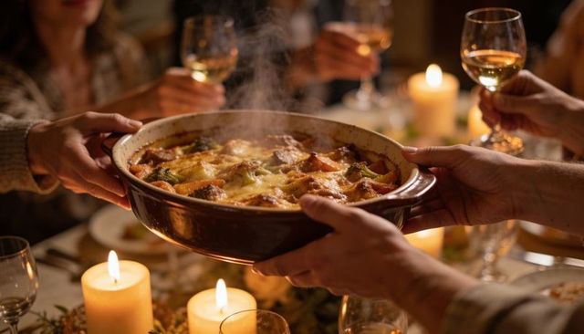 Family passing steaming casserole at cozy candlelit dinner table with wine and warm candles