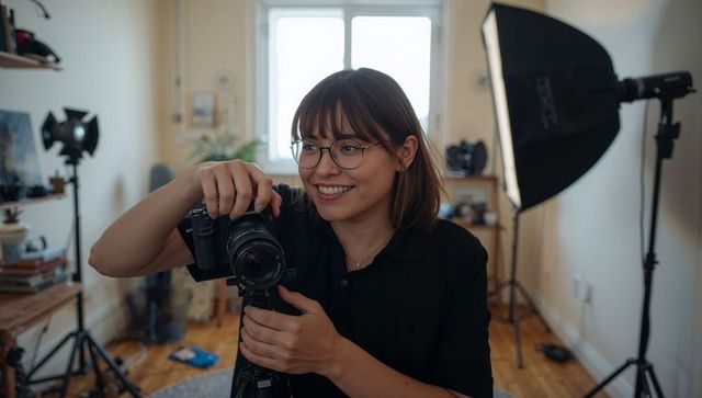Young photographer adjusting dslr on tripod in cozy home studio with softbox lighting