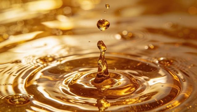 Golden droplet forming liquid column and concentric ripples in amber viscous liquid