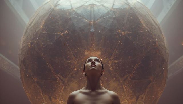 Gazing Woman Under Luminous Geodesic Orb, Skylight Symmetry and Architectural Glow