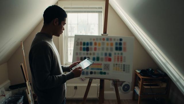 Comparing tablet and color swatch board in attic art studio, artist studying palette