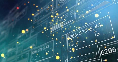 Futuristic holographic data panels drifting in teal digital network with glowing particles