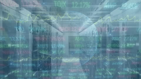 Digital Data Streams Overlaid on Swirling Earth in Server Room