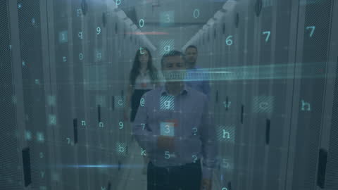 Engineers in Server Room Overlaid with Cyber Security Animation