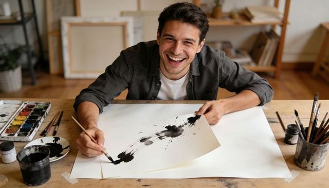 Male artist painting bold black ink stroke in home art studio
