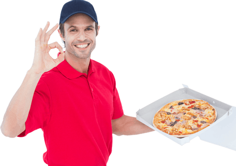 transparent delivery man happy with fresh pizza showing okay gesture - Download Free Stock Videos Pikwizard.com